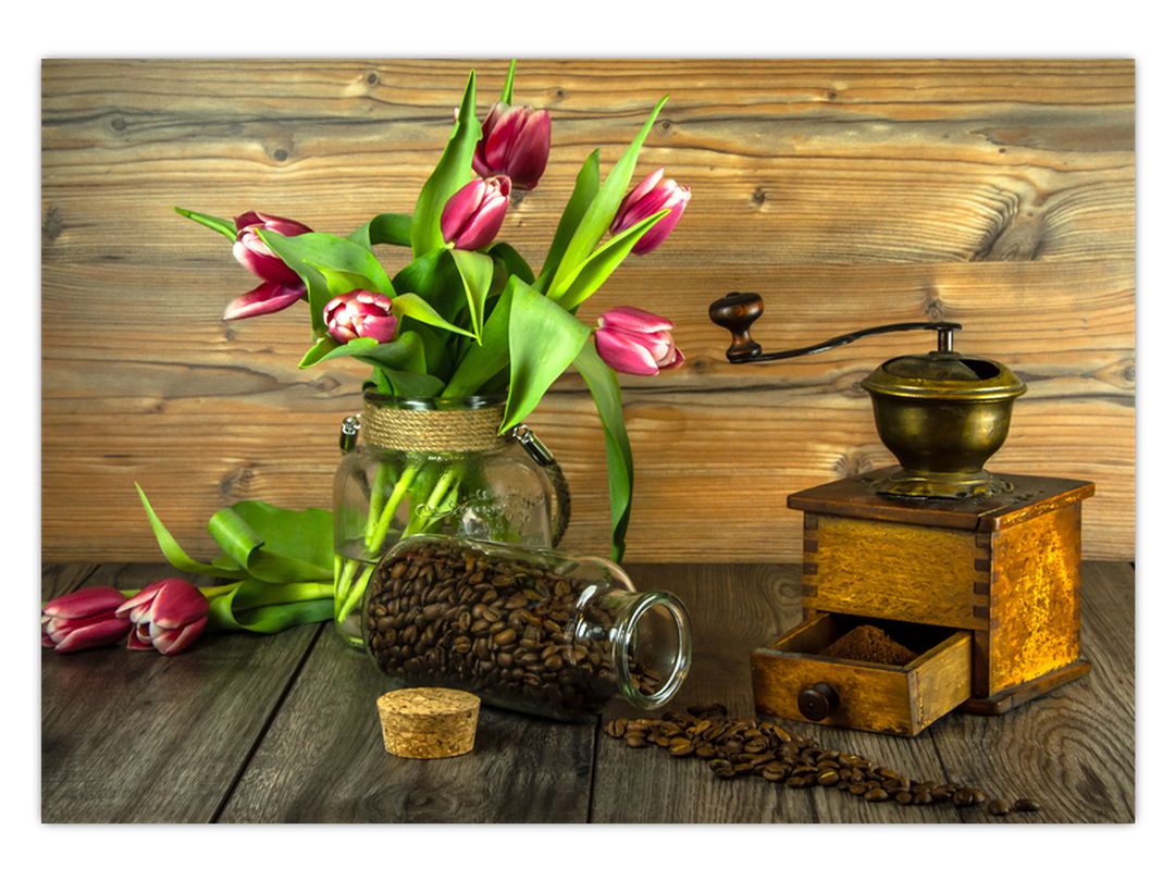 Obraz - tulipány, mlýnek a káva (V020553V10070)