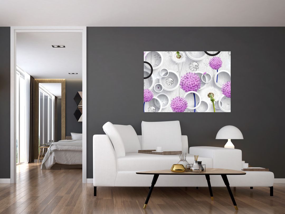 Obraz 3D abstrakce s kruhy a květinami (V020981V10070)
