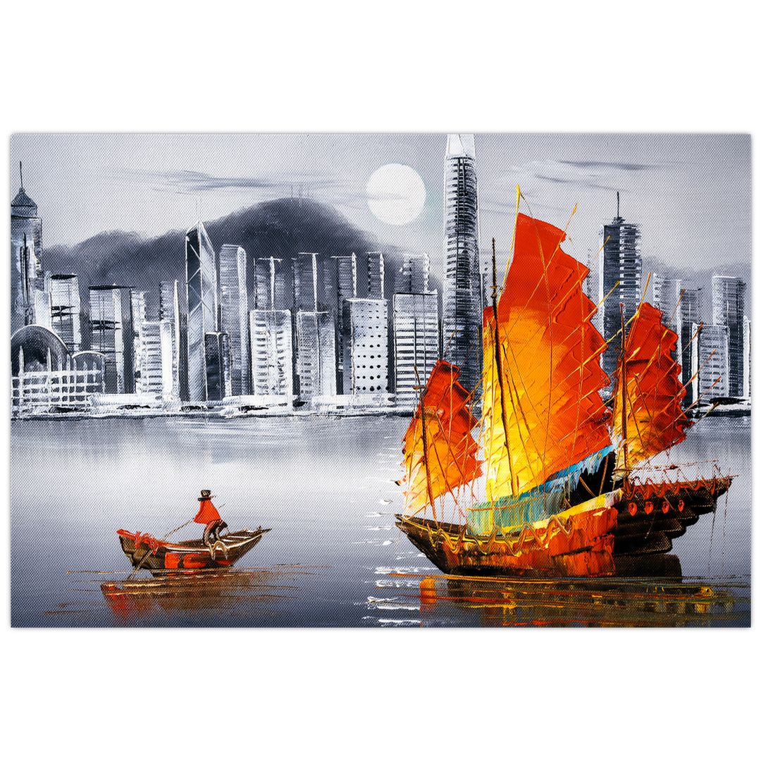 Tablou - Victoria Harbour, Hong Kong, pictură în ulei alb- negru (V023100V12080)