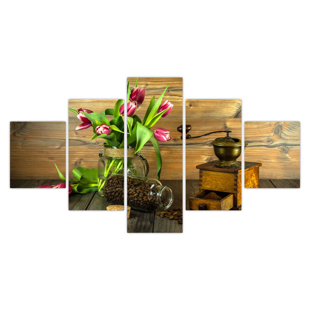 Obraz - tulipány, mlýnek a káva (V020553V12570)