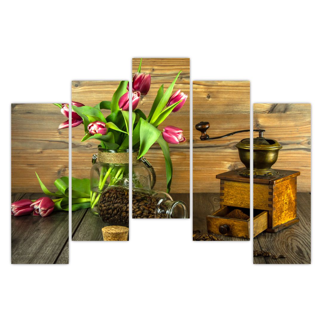 Obraz - tulipány, mlýnek a káva (V020553V12590)