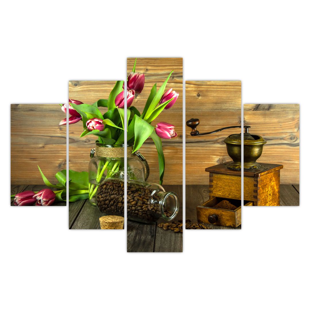 Obraz - tulipány, mlýnek a káva (V020553V150105)