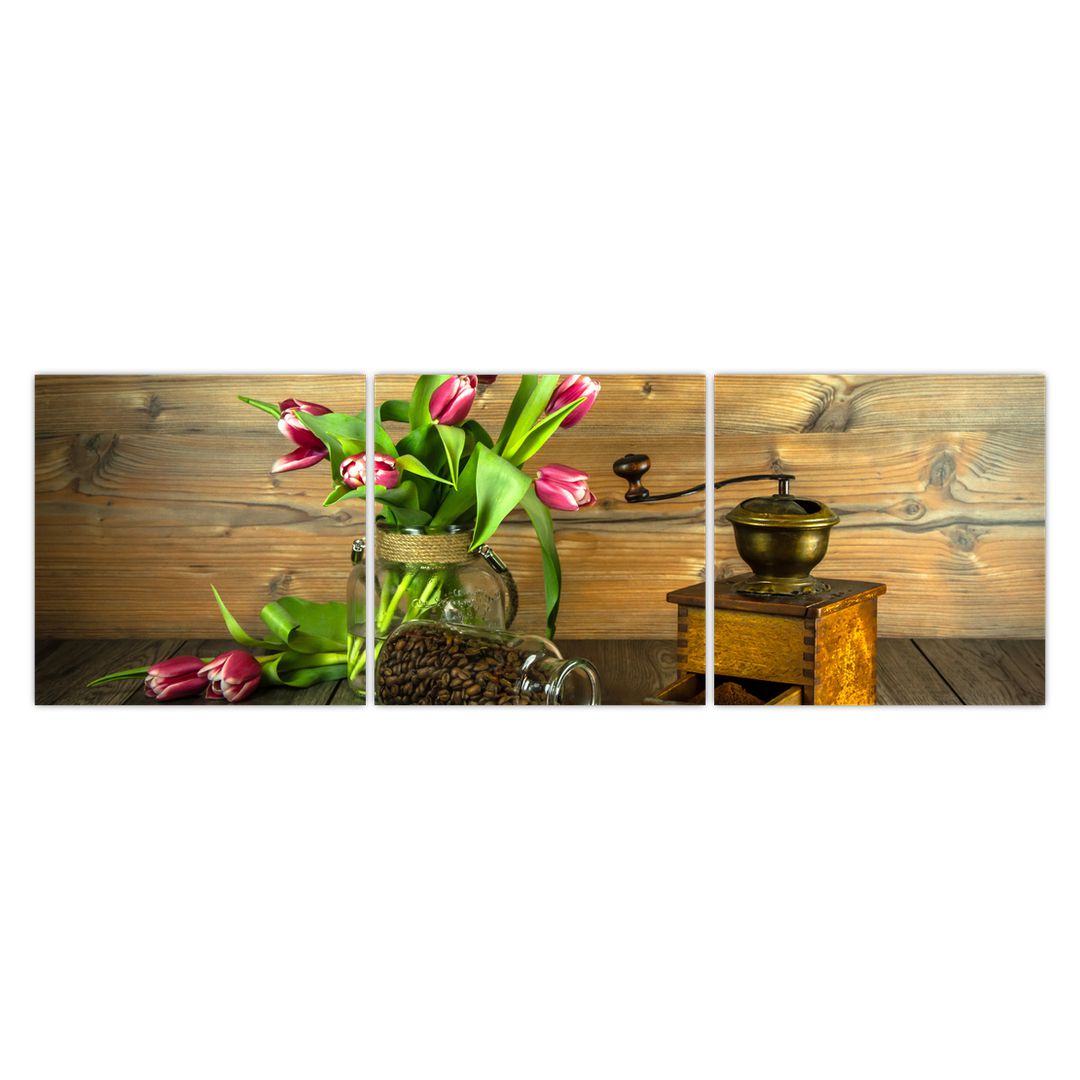 Obraz - tulipány, mlýnek a káva (V020553V15050)