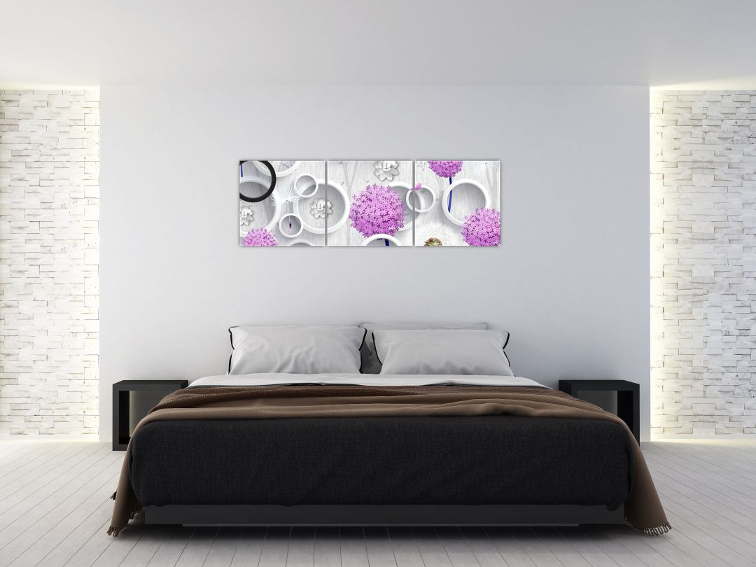 Obraz 3D abstrakce s kruhy a květinami (V020981V15050)
