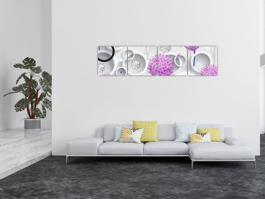 Obraz 3D abstrakce s kruhy a květinami (V020981V16040)