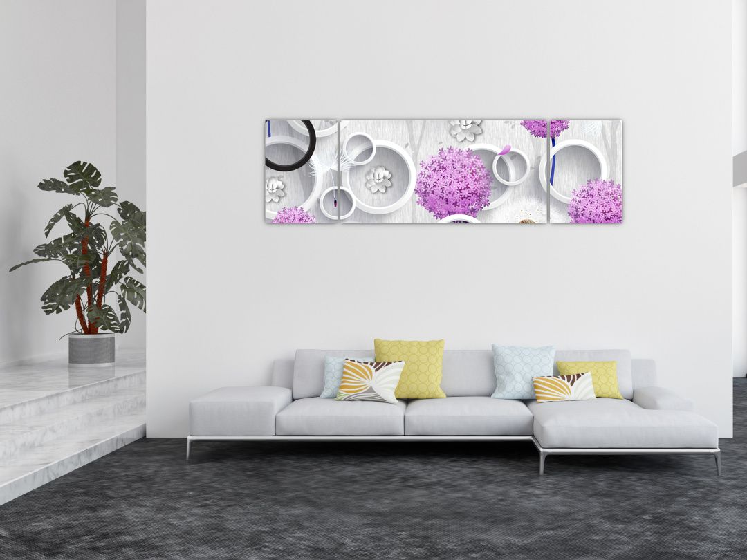 Obraz 3D abstrakce s kruhy a květinami (V020981V17050)
