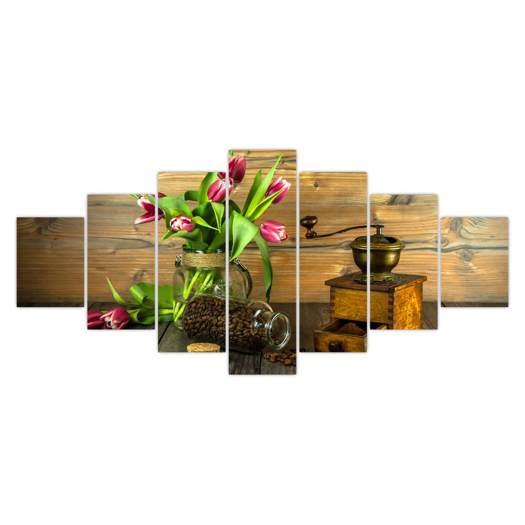 Obraz - tulipány, mlýnek a káva (V020553V210100)