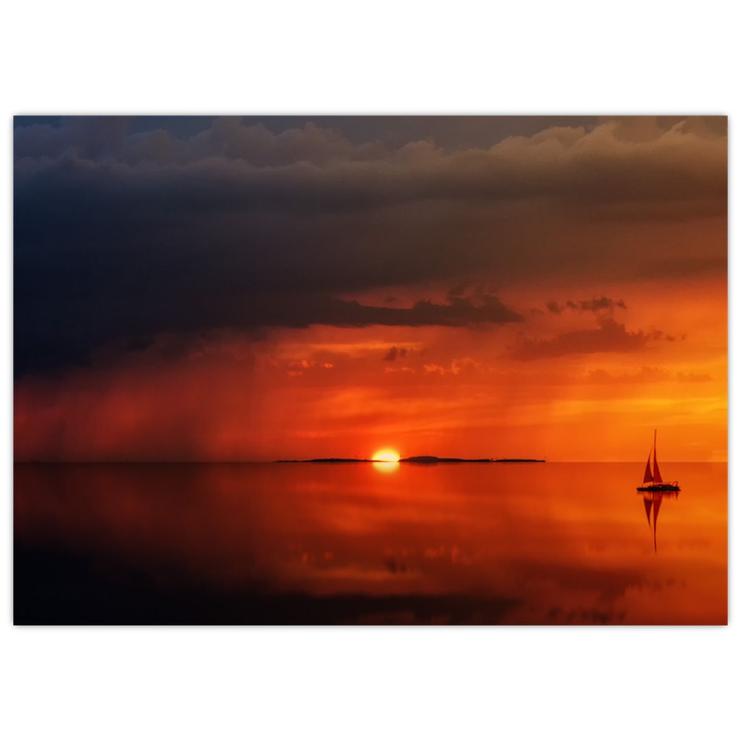 Skleněný obraz západu slunce s plachetnicí (V020084V7050GD)