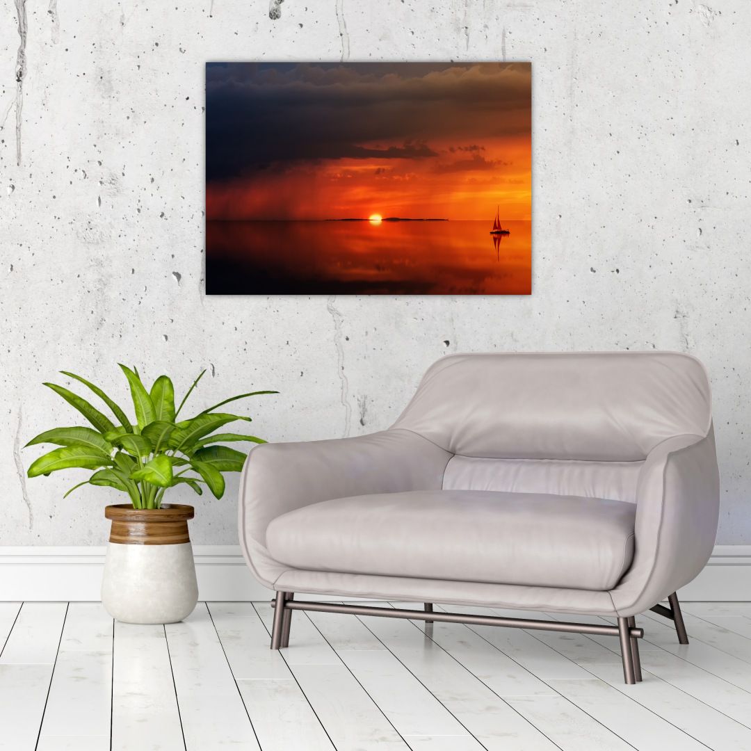 Skleněný obraz západu slunce s plachetnicí (V020084V7050GD)