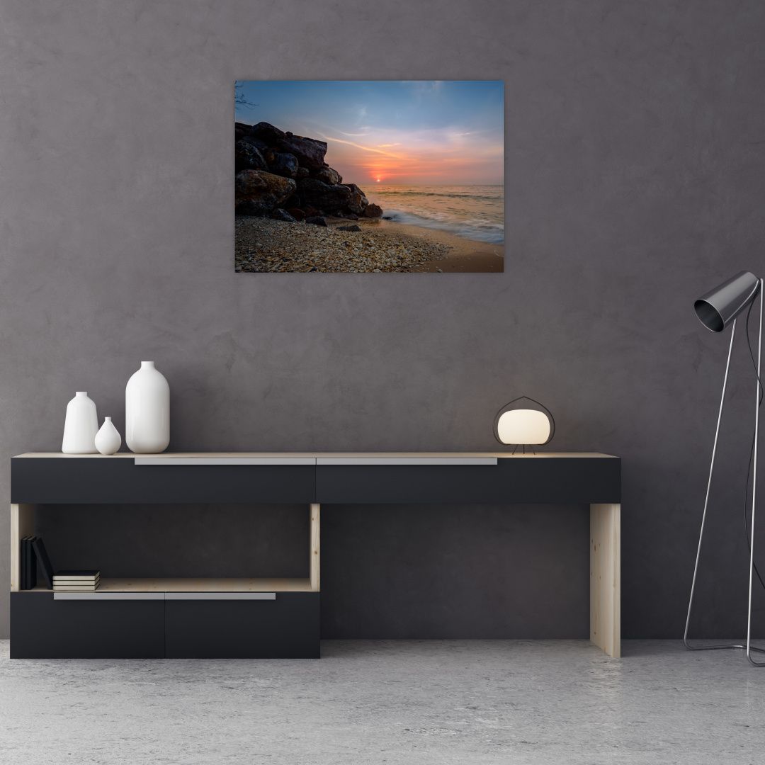 Skleněný obraz západu slunce na pláži (V020214V7050GD)