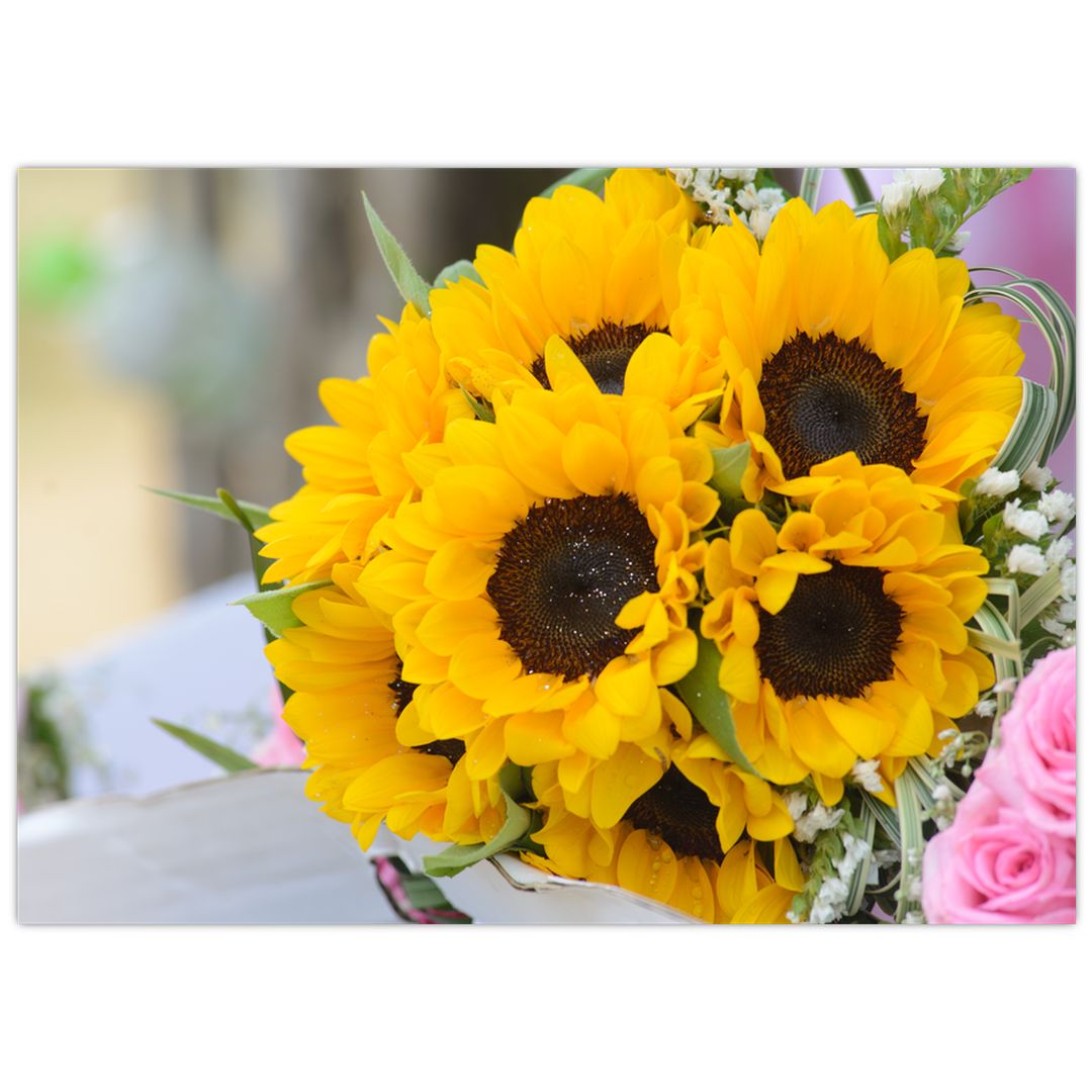 Skleněný obraz svatební kytice ze slunečnic (V020261V7050GD)