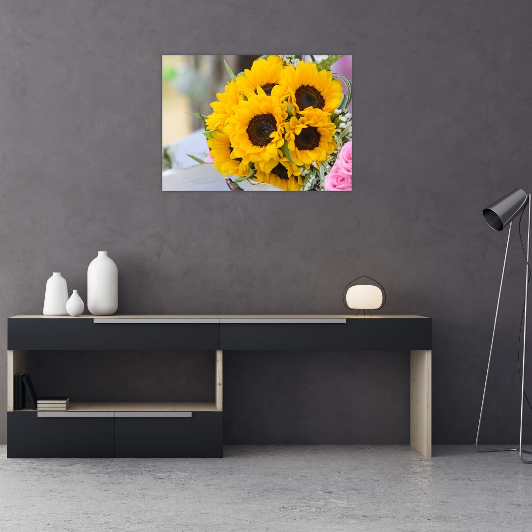 Skleněný obraz svatební kytice ze slunečnic (V020261V7050GD)