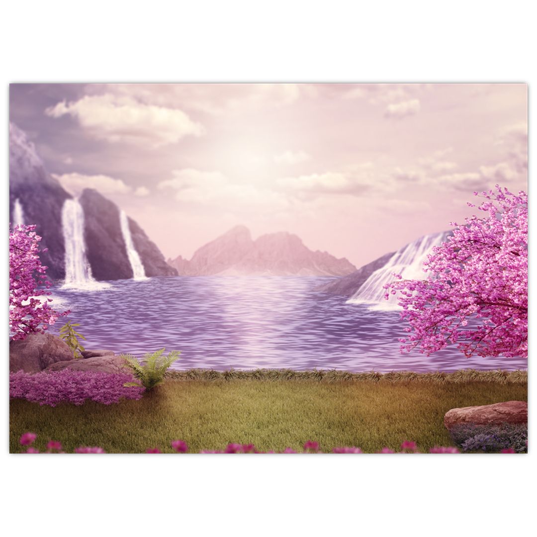 Skleněný obraz růžových stromů s jezerem (V020463V7050GD)