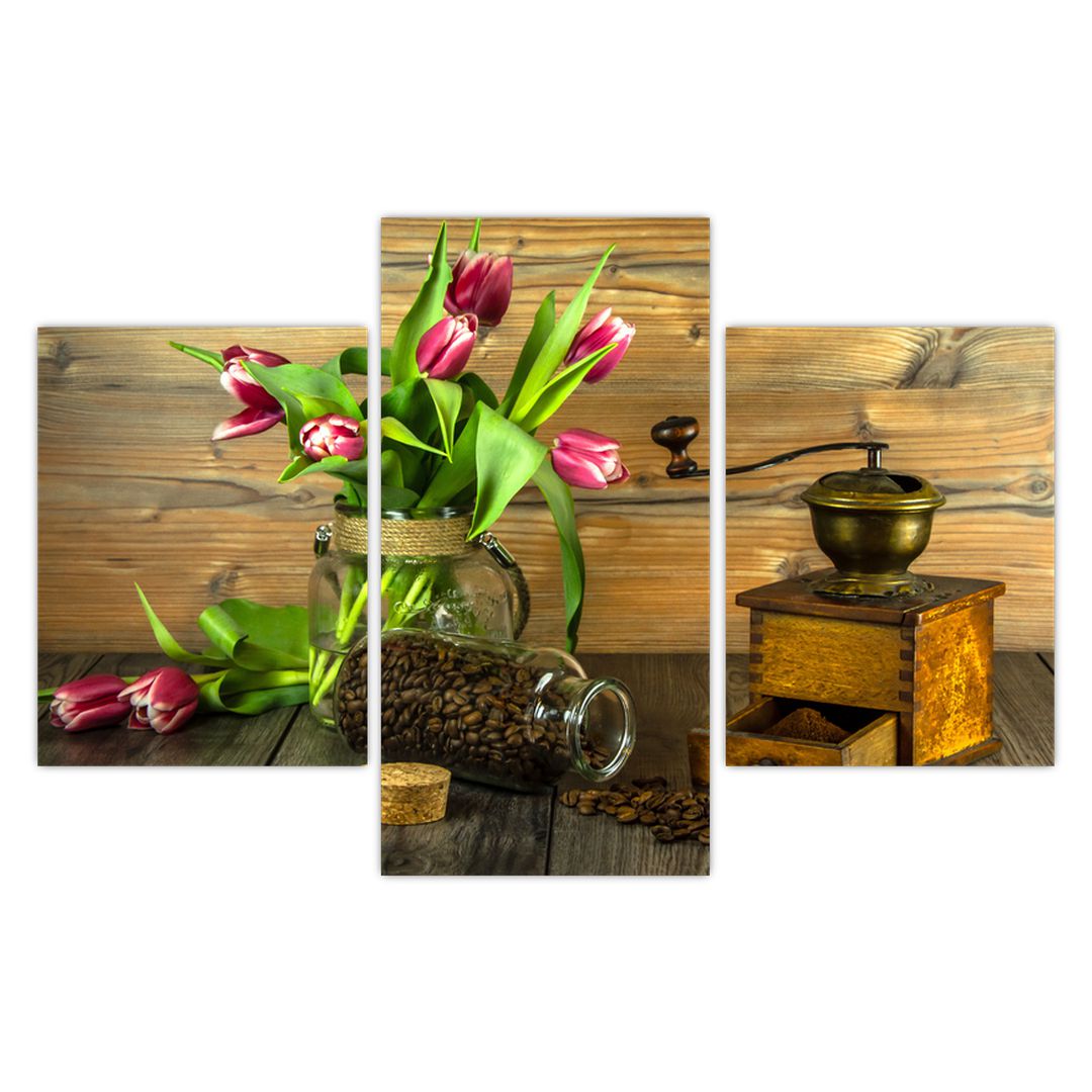 Obraz - tulipány, mlýnek a káva (V020553V90603PCS)